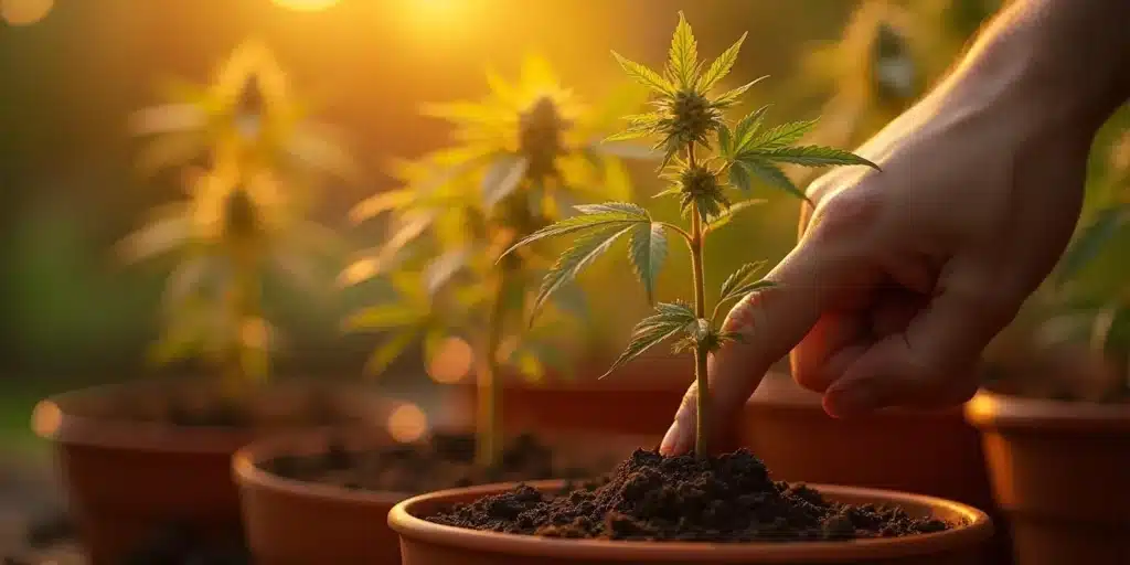 Checking soil moisture before watering marijuana plants outdoors in summer.