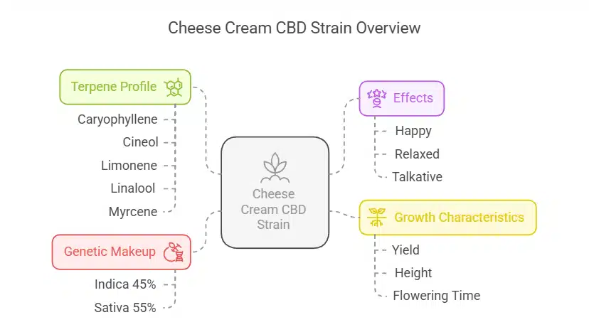 Cheese Cream CBD strain infographic highlighting genetic makeup, terpene profile, effects, yield, and flowering characteristics