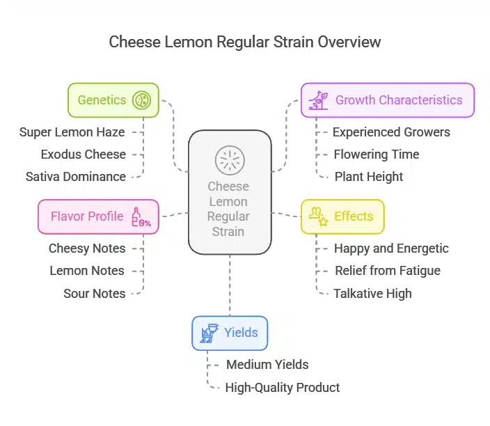 Diagram detailing Cheese Lemon Regular Strain characteristics, including genetics, growth traits, effects, yields, and flavor profile