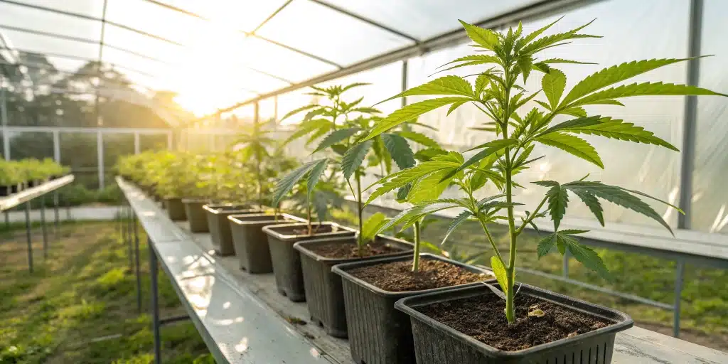 Cannabis clones transitioning outdoors under soft sunlight, representing the best time to put clones outside.