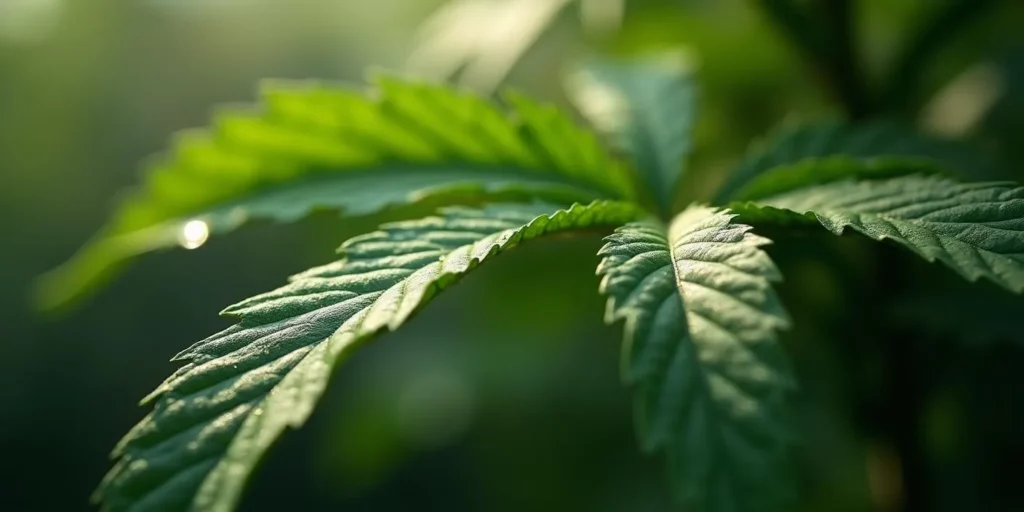 Healthy cannabis leaves with water droplets in an outdoor summer garden.