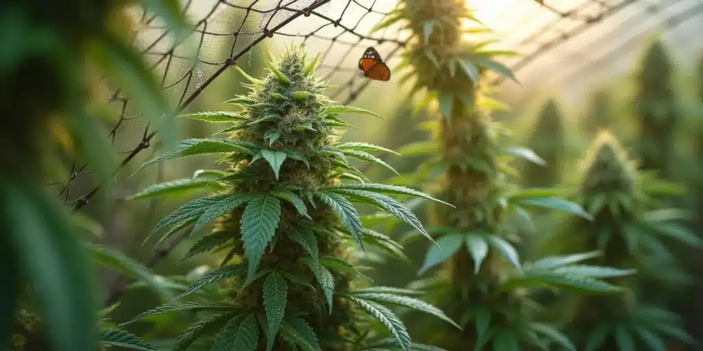 Close-up of a healthy cannabis plant with dense buds, supported by a trellis net to promote even canopy growth and prevent branch breakage.
