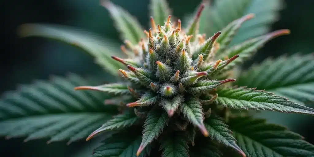 Close-up of cannabis bud showing early flowering trichomes, representing outdoor growth timing in New York.