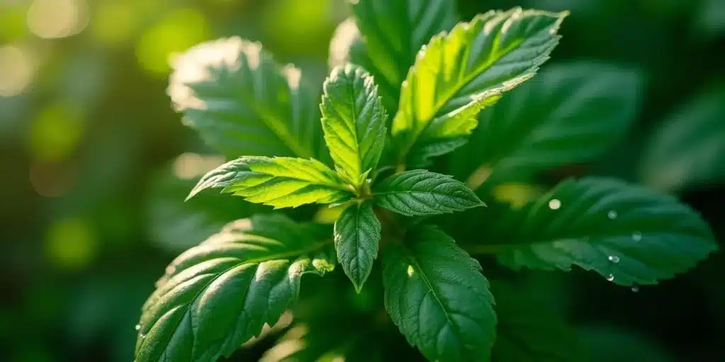 Close-up of healthy cannabis leaves covered in morning dew, indicating strong vegetative growth at two months outdoors.
