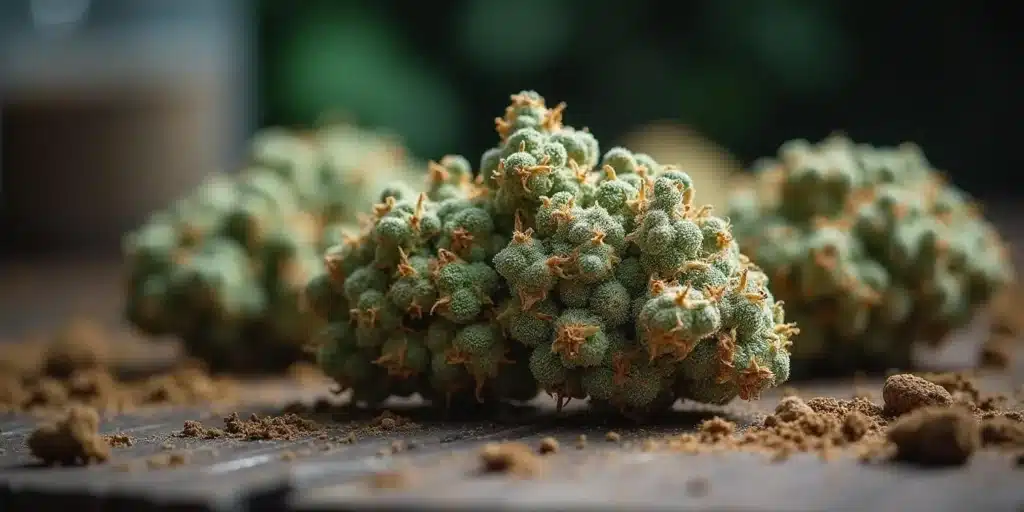 Close-up of resinous cannabis buds, ideal for outdoor cultivation in the Northeast.
