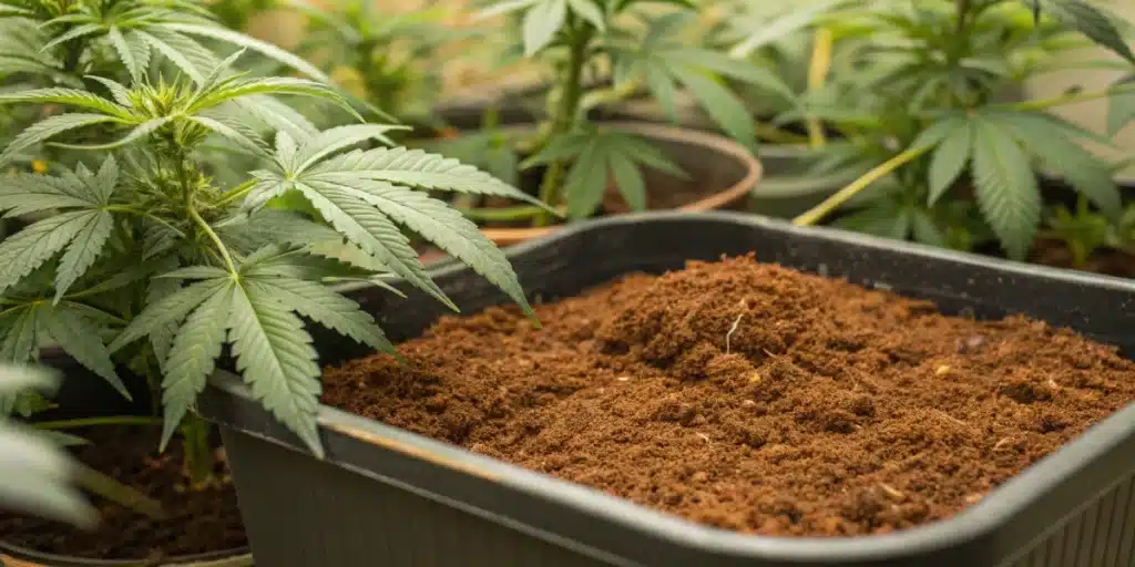 Close-up of coco coir in a black planting container, with cannabis plants nearby.