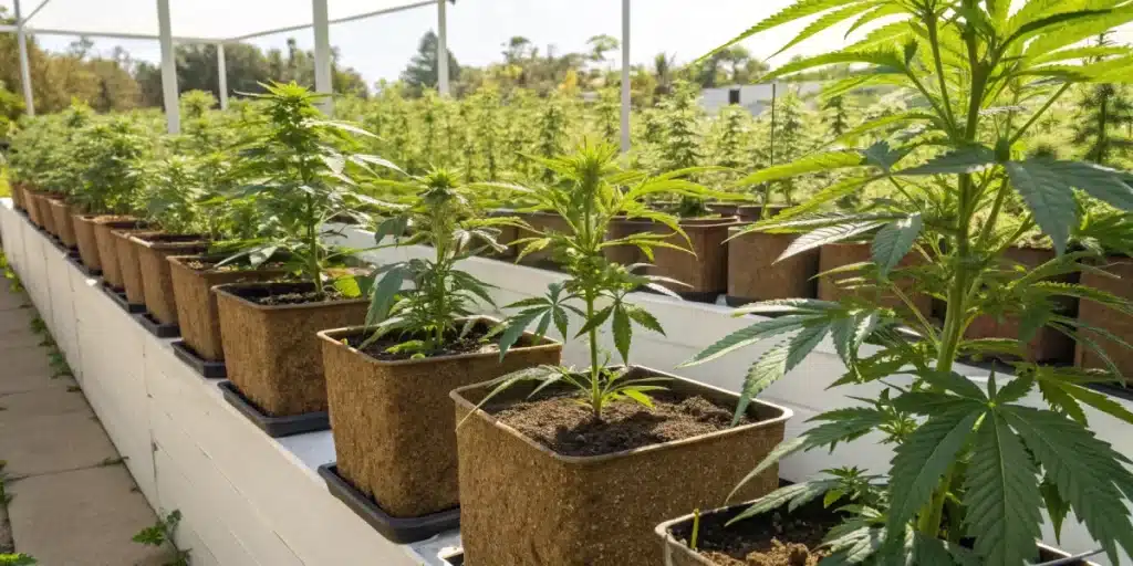 Rows of cannabis plants growing in square fabric pots on raised platforms in a greenhouse.