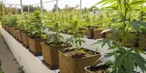 Rows of cannabis plants growing in square fabric pots on raised platforms in a greenhouse.