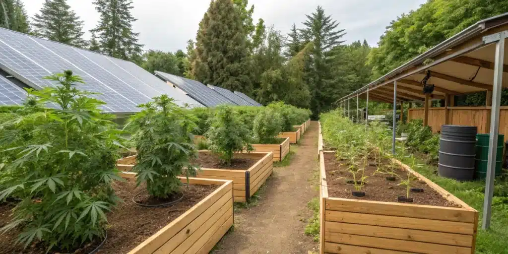 Outdoor cannabis farm with raised wooden beds, a long path, and solar panels in the background.