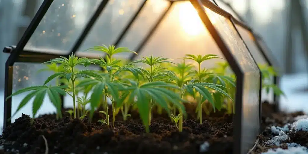 Young cannabis seedlings thriving in a greenhouse, protected from the cold weather. Best outdoor seeds for cold climate ensure strong and resilient plants.
