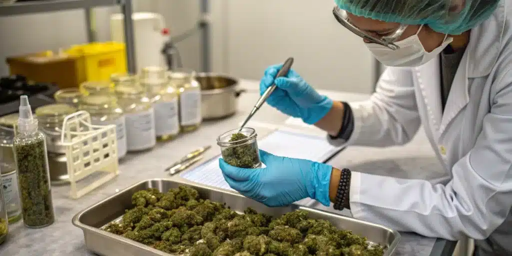 Scientist in lab coat, mask, and gloves scooping cannabis buds from a tray into a jar for testing.
