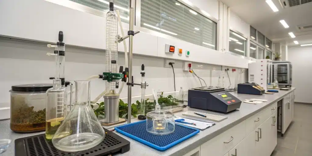 Modern laboratory with cannabis plants, flasks, and scientific equipment for concentrates research.