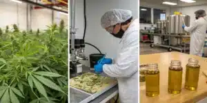 Three-panel image: lush cannabis plants, scientist working with cannabis material, and bottles of extracted cannabis oil in a lab.