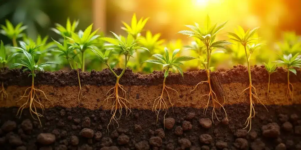 Cross-section of soil showing strong cannabis root development, illustrating the impact of nutrient-rich soil on plant health.