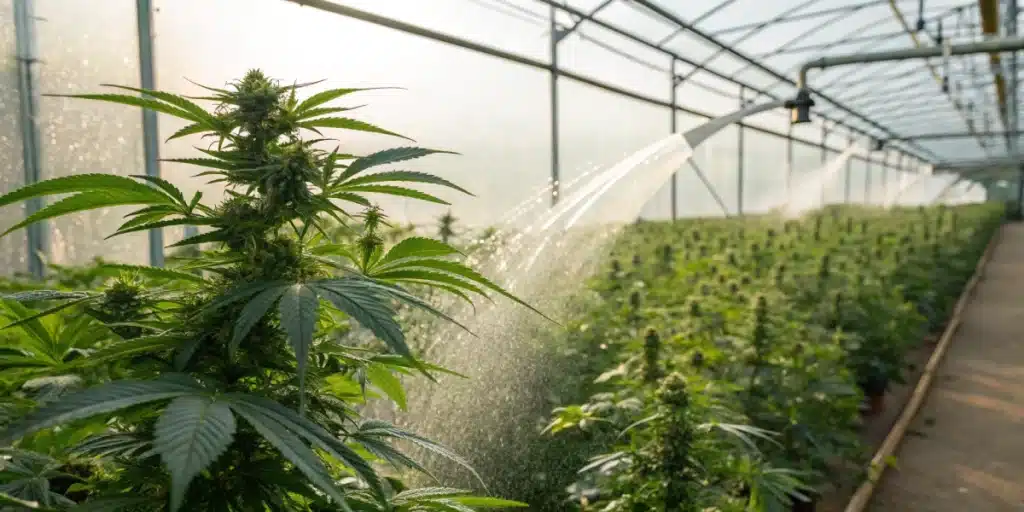 Realistic view of a cannabis drip irrigation system in a greenhouse, showing plants and water distribution.