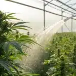 Realistic view of a cannabis drip irrigation system in a greenhouse, showing plants and water distribution.