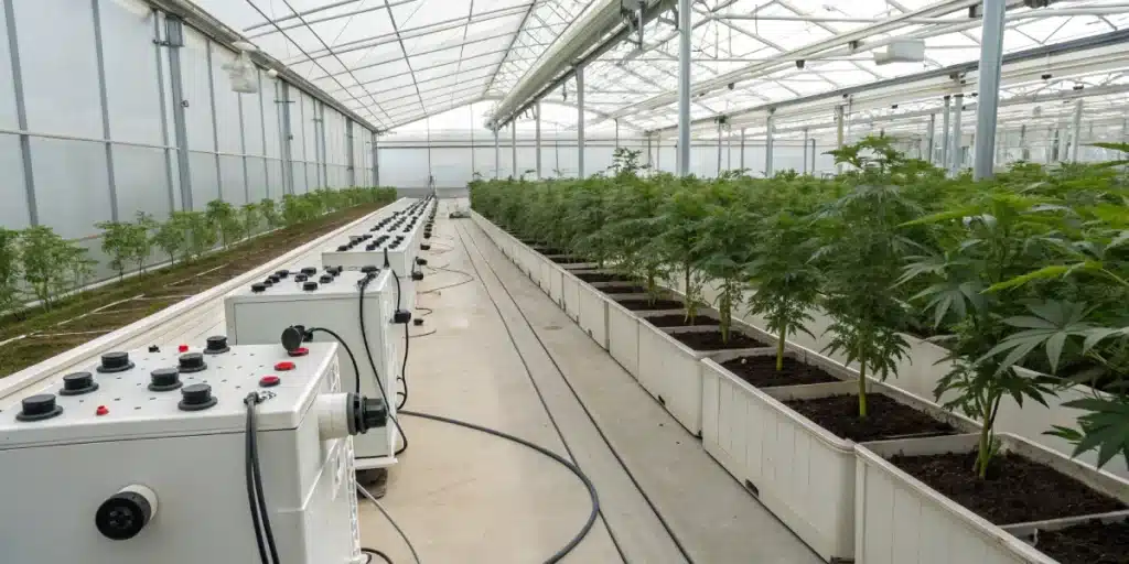 Modern greenhouse setup with a cannabis drip irrigation system efficiently watering lush cannabis crops.