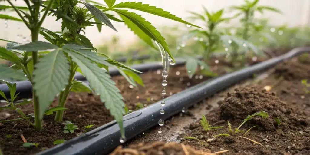 Close-up of a cannabis drip irrigation system delivering water directly to cannabis plant roots.