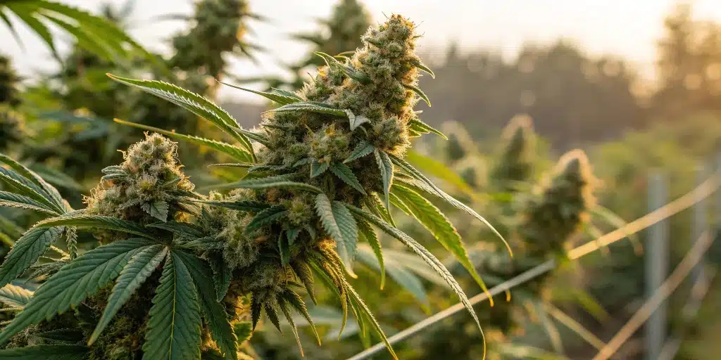 Close-up view of drying buds outside with healthy cannabis trichomes under soft diffused natural light.