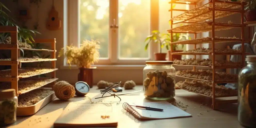 Drying weed outdoors: Cannabis drying on multi-tiered wooden racks near a sunlit window, ensuring proper air circulation and moisture control for high-quality buds.