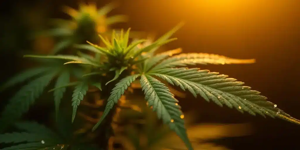 Close-up of a cannabis leaf showing the impact of plant growth regulators at sunset.