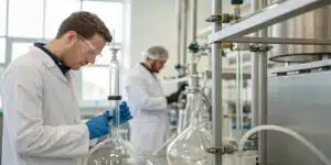 A modern lab scene showcasing ethanol cannabis extraction with high-tech equipment and detailed process setup.