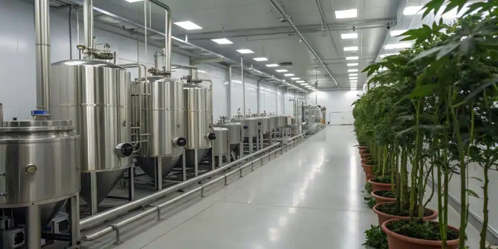 Industrial setup of ethanol cannabis extraction in a facility with stainless steel machinery and controlled lighting for quality processing.
