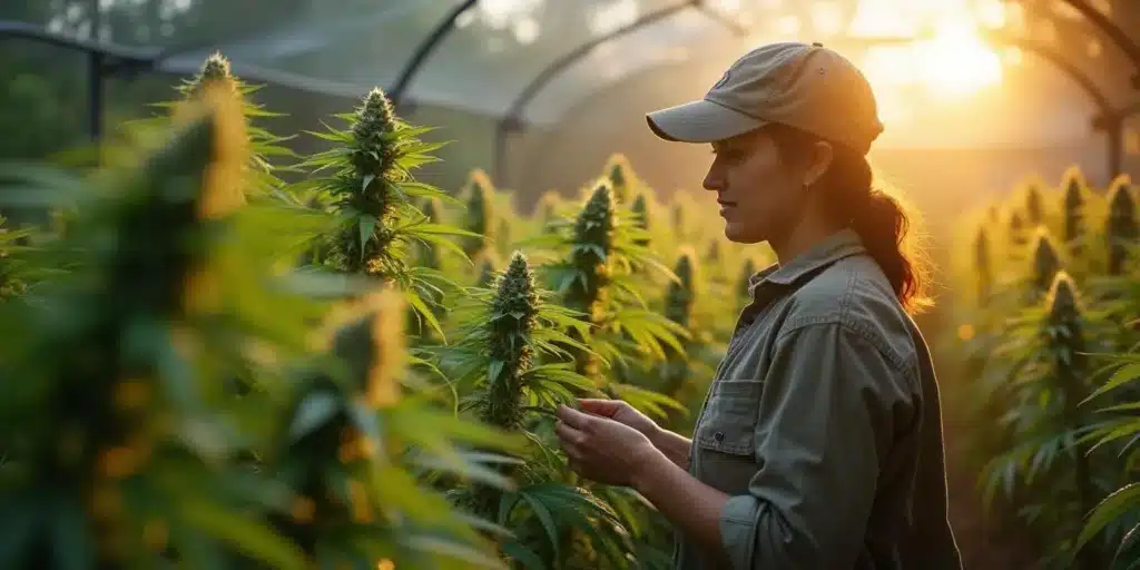 Female cannabis grower inspecting plants in an outdoor greenhouse, monitoring flowering stages in New York.