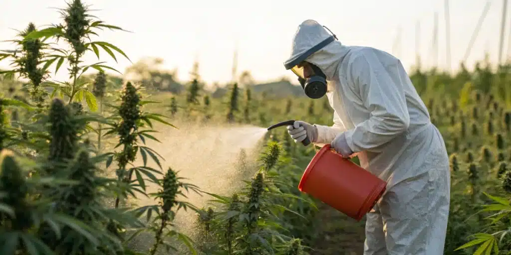 Horticulturist working in a cannabis field, demonstrating best practices when to fertilize cannabis for maximum yield.