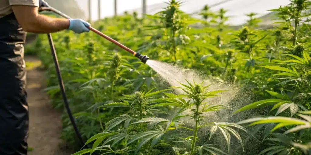 Realistic image of a cannabis garden with tools in use when to fertilize cannabis for optimal growth.