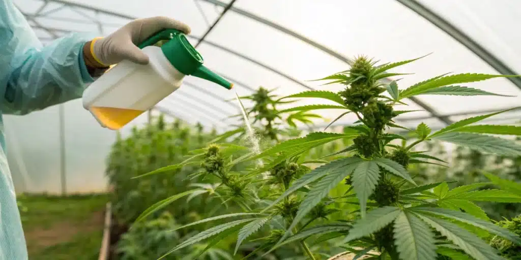 Close-up view of a cannabis plant in a greenhouse showing when to fertilize cannabis with natural liquid fertilizer.