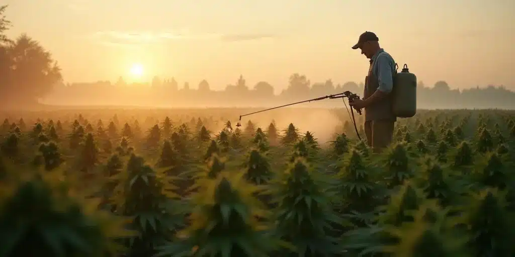 Cannabis farmer spraying plant growth regulators across a large outdoor crop.