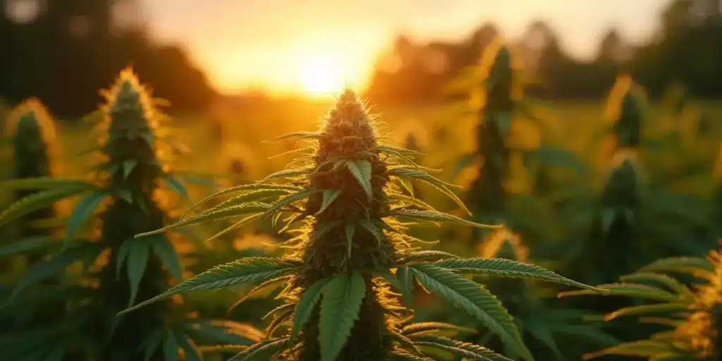 Field of cannabis plants at sunset.
