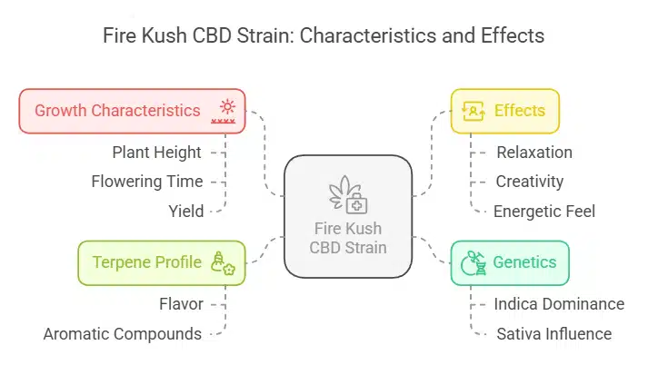 Fire Kush CBD strain characteristics infographic detailing growth, effects, genetics, and terpene profile with a clean design