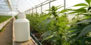 Realistic scene showing fish fertilizer for cannabis applied in a greenhouse with lush, thriving plants.
