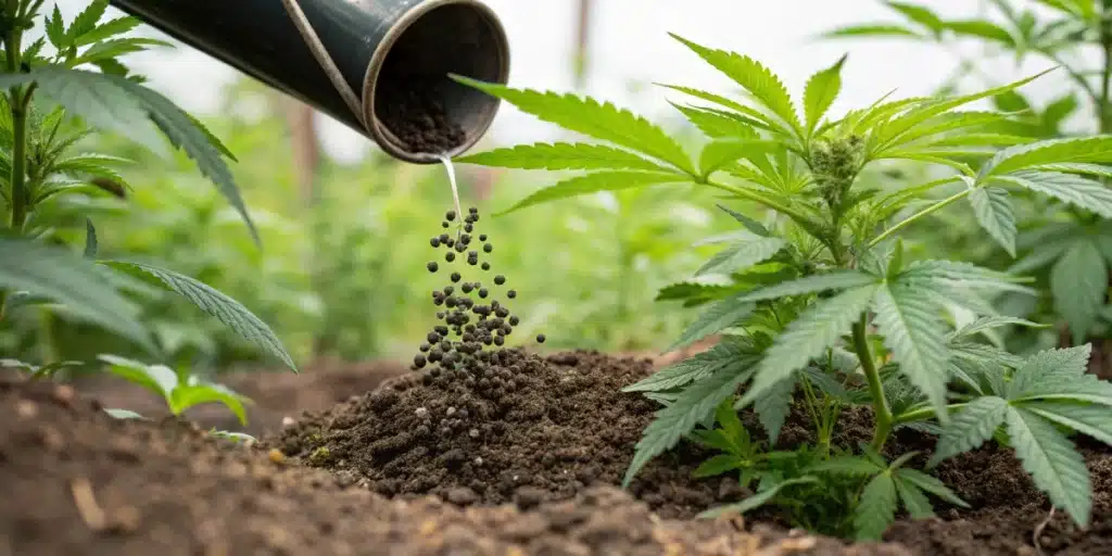 fish fertilizer being applied to a young cannabis plant in a nutrient-rich garden