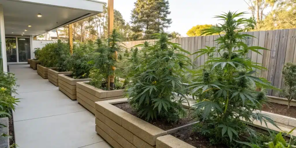 healthy cannabis plants growing in raised beds in a backyard garden