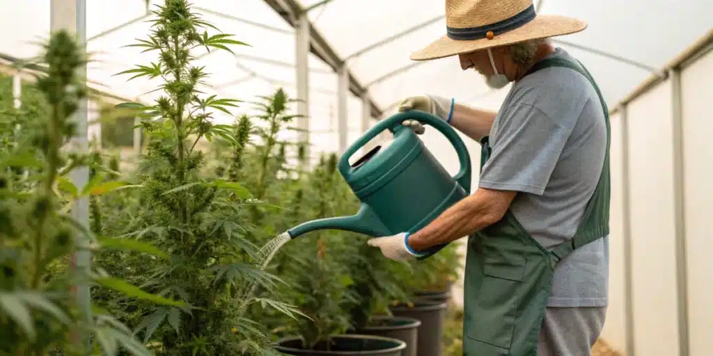 Gardener in a straw hat and overalls watering potted cannabis plants with a green watering can in a greenhouse.