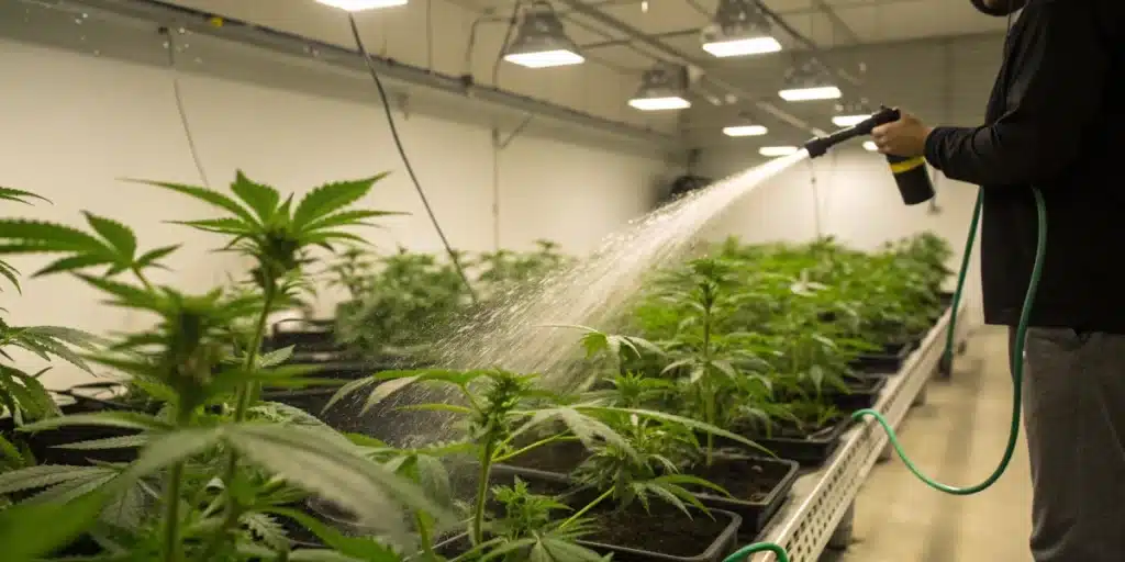 Person watering rows of cannabis plants with a hose in a well-lit indoor grow room.