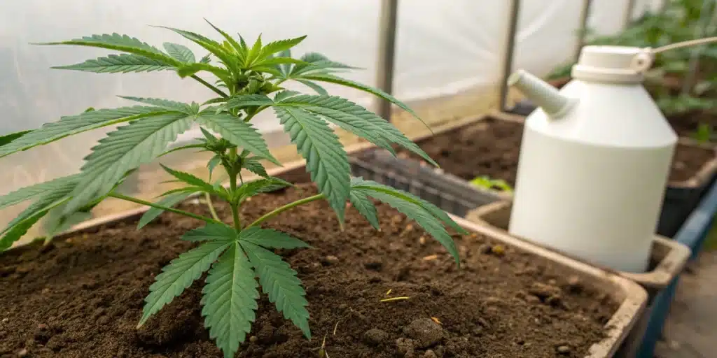 Realistic image of a healthy cannabis plant with fertilizer bottle, illustrating how often should I fertilize cannabis.