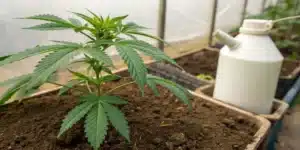 Realistic image of a healthy cannabis plant with fertilizer bottle, illustrating how often should I fertilize cannabis.