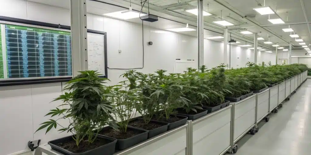 Realistic lab scene featuring nutrient schedules and cannabis plants, representing how often should I fertilize cannabis.