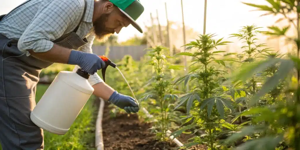 Realistic garden scene of a gardener applying fertilizer to cannabis plants, emphasizing how often should I fertilize cannabis.