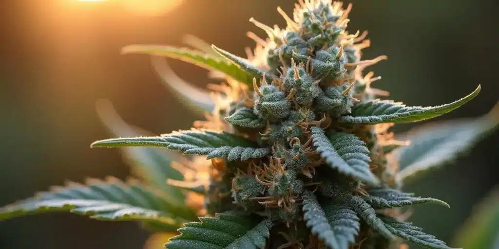 Close-up of frosty cannabis buds grown in cold temperatures. The best outdoor seeds for cold climate ensure thick resin production and mold resistance.