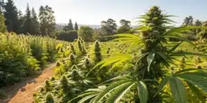 Outdoor cannabis garden showing when to switch to bloom nutrients outdoors for optimal flowering.