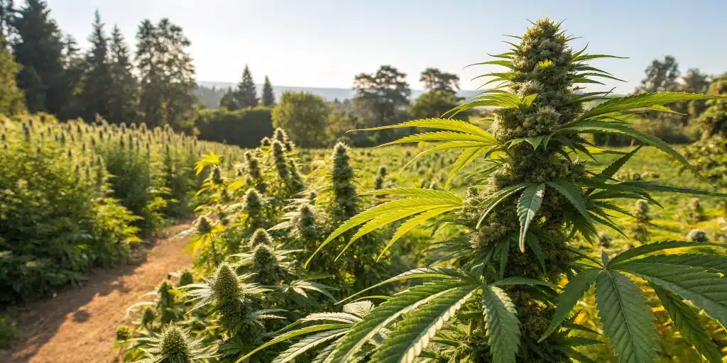 Outdoor cannabis garden showing when to switch to bloom nutrients outdoors for optimal flowering.