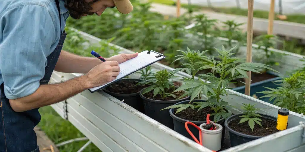 Cannabis grower monitoring plants to determine when to switch to bloom nutrients outdoors for robust growth.