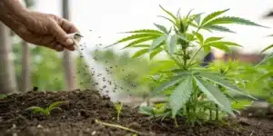 Close-up of fungus gnats in an outdoor cannabis garden with organic soil treatment being applied.