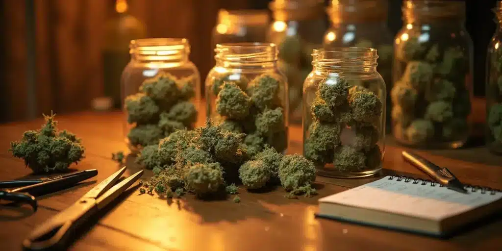 Glass jars filled with trimmed cannabis buds, scissors, and a notebook for tracking harvest cycles. Grow Calendar planning helps ensure optimal drying and curing times for high-quality buds.