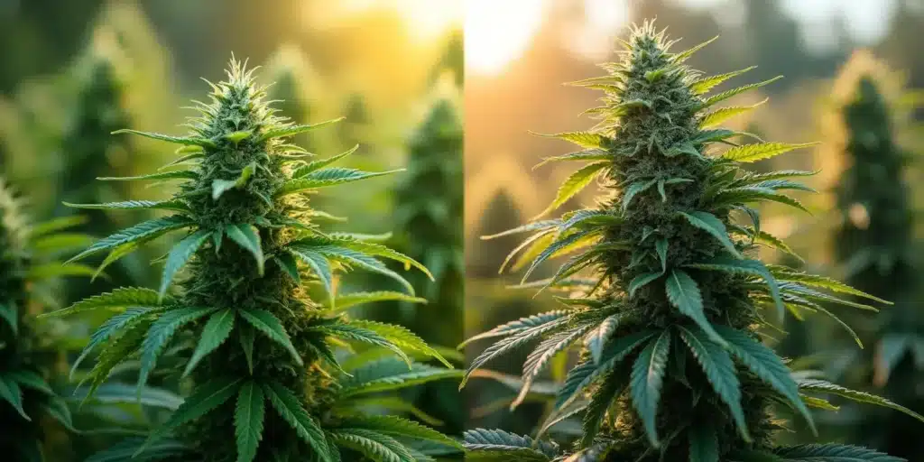 Side-by-side comparison of cannabis plants before and after using high-quality nutrients, showcasing the impact on bud density and resin production.